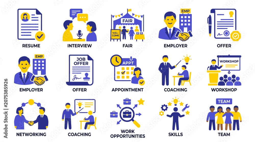 Fototapeta premium Job Search Icons: Resume, Interview, Fair, Employer, Offer, Appointment, Coaching, Workshop, Networking, Skills, Team