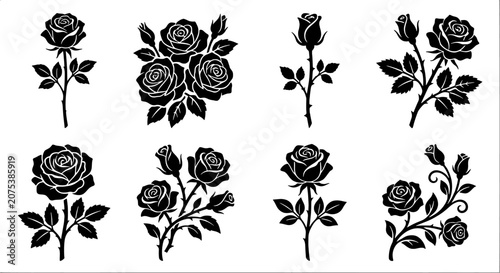 Rose flower icon set. Floral rose collection with buds and leaves in silhouette style. Editable vector illustration on white background.