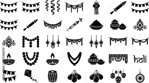Holi festival celebration elements and traditional Indian symbols black icons set