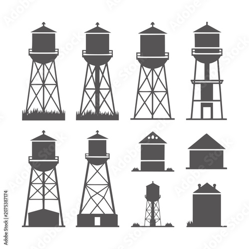 Collection of dark gray water tower silhouettes white