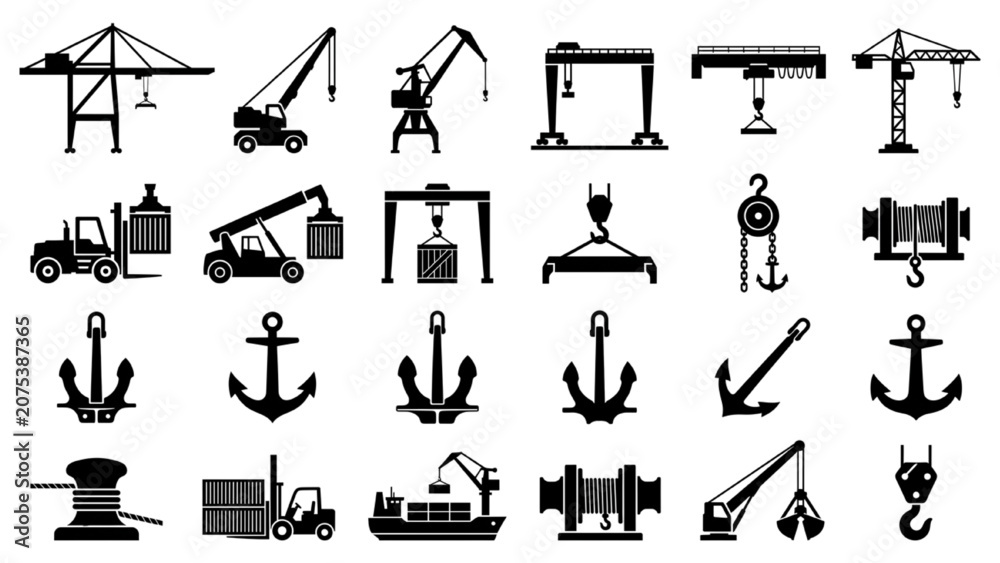 Fototapeta premium Marine Dock Cranes Silhouette Icon Sheet, Port Cargo Hoist and Shipping Anchor Vector Symbols, Flat Black Industrial Shapes Isolated White