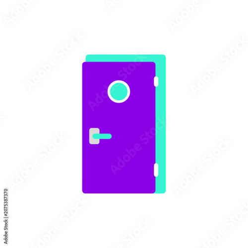 Purple door with a round porthole window and a silver handle- minimalist icon isolated on white background