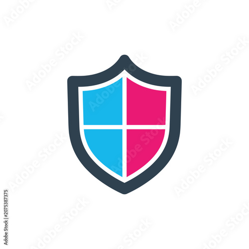 Stylized shield icon with blue and pink quadrantsa symbol for protection and security isolated on white background