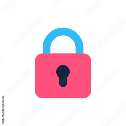 Pink padlock with blue handle during a security concept isolated on white background