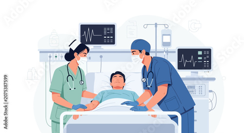 Medical Team Cares for Patient in Hospital Bed with Monitors