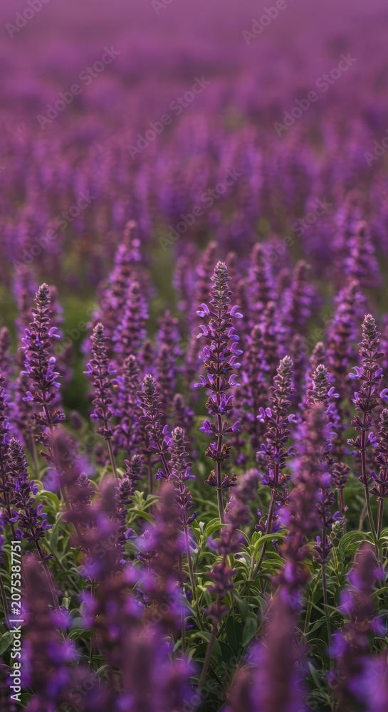 Fototapeta premium Wide panoramic view of a vibrant purple salvia flower field blurred by the intense summer heat creating a soft background focus, nature, garden, flowers