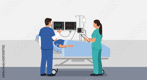 Medical Team Monitors Patient Vital Signs on Monitor in Hospital Room