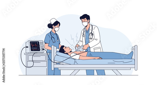 Medical Team Reviving Patient with Defibrillator in Hospital Bed