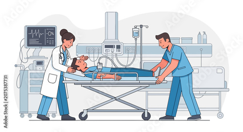 Medical Team Tending to Patient on Stretcher in Hospital Room