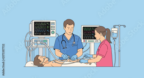 Medical Team Tending to Patient in ICU with Monitors and Equipment