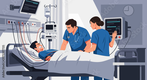 Medical team tending to patient in ICU, monitoring vital signs