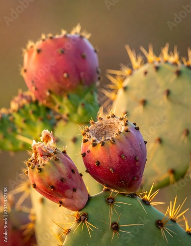 A close-up of vibrant pink cactus fruits and spines on a green plant