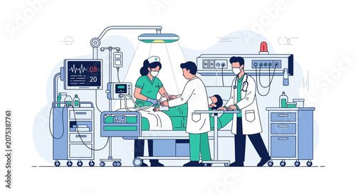 Medical Team Treating Patient in Intensive Care Unit with Equipment