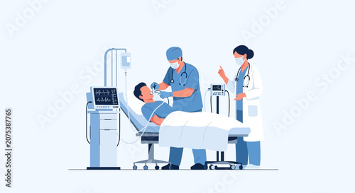 Medical Team Treating Patient in Intensive Care Unit with Ventilator