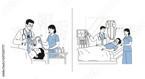 Medical Team with Patient: Intensive Care & Intubation Scenes