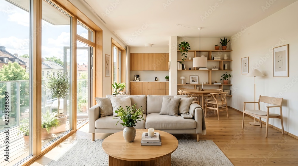 Fototapeta premium Modern Scandinavian Open Concept Living Room with Natural Light and Minimalist Wooden Interior Design