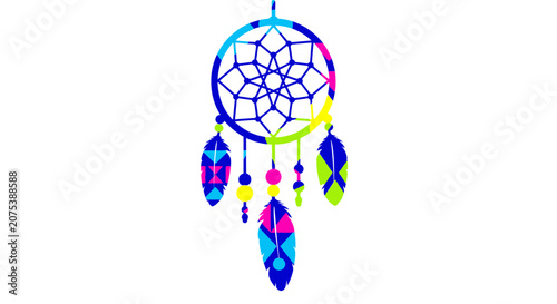 Colorful Dreamcatcher with Tribal Feathers and Geometric Web Design.