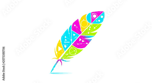 Abstract colorful feather illustration with geometric patterns.