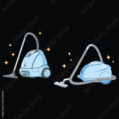 Blue Canister Vacuum Cleaner Cartoon Illustration Isolated On Black Background For Home Cleaning And Household Equipment Design