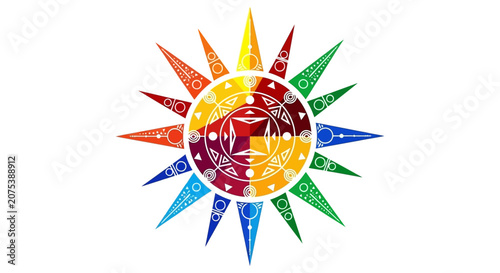 Vibrant multicolored artistic sun emblem with intricate patterns.