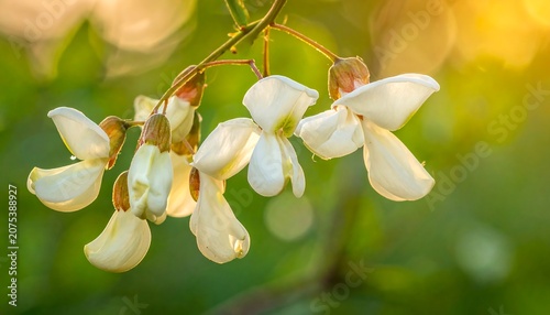 A close-up of white flower blossoms on a branch