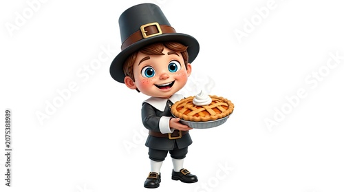 Young pilgrim boy holding fresh pumpkin pie.