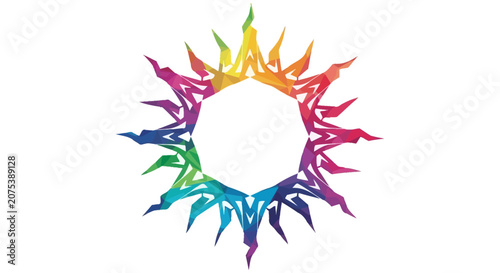 Abstract circular rainbow star emblem with flame-like rays.