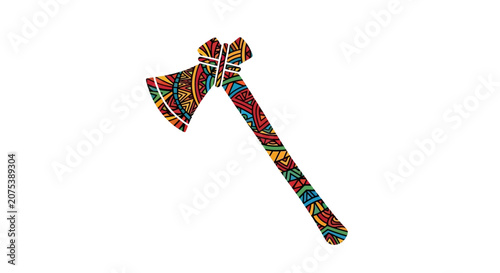 Stylized tribal patterned battle axe illustration with vibrant colors.