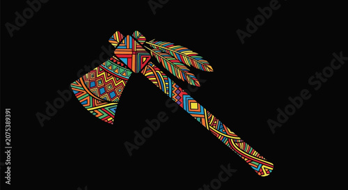 Native American style decorated tomahawk with feathers.