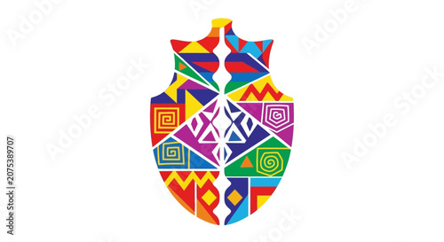 Vibrant Abstract Shield Shape with Geometric Tribal Patterns and Colorful Motifs.