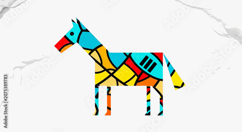 Colorful mosaic style horse illustration with bold geometric patterns.