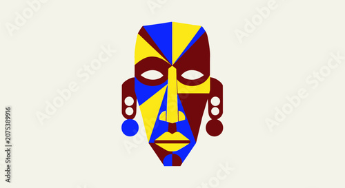 Abstract geometric tribal mask illustration with vibrant colors.