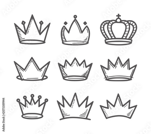 Slika na platnu Collection of nine hand drawn sketchy dark grey crowns white royalty symbol king