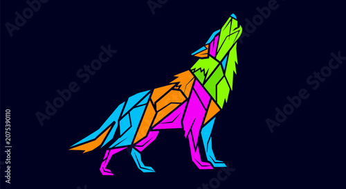 Geometric stylized howling wolf illustration with vibrant neon colors.