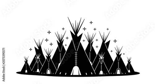 Black silhouette of a Native American teepee village under a starry night sky.