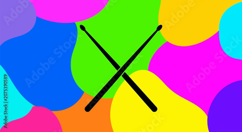 Black drumsticks crossed against a colorful vibrant abstract background.