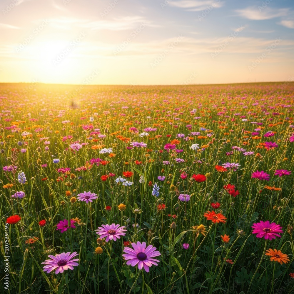 Fototapeta premium A vibrant, sun-drenched meadow bursting with colorful wild flowers under the warm summer sky. Nature's beauty thrives in this peaceful landscape, summer, detail, purple