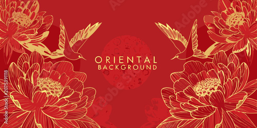 Photography Floral ornament with birds and circular element on red background