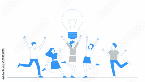Photos People celebrating with a glowing light bulb vector illustration
