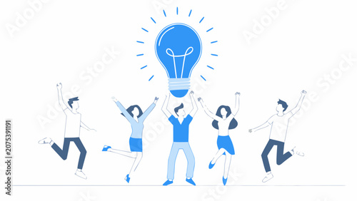 Tableau sur toile Team celebrating with lightbulb illustration in blue and white tones
