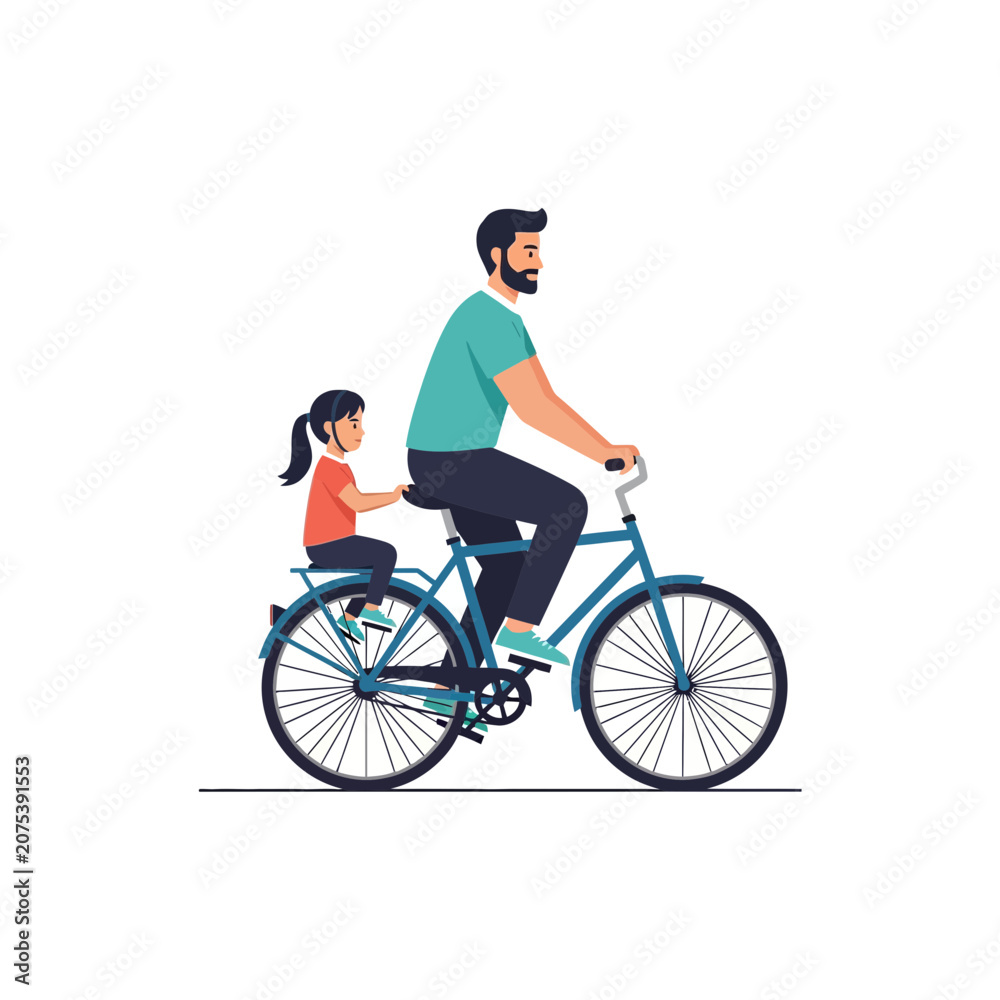 Naklejka premium Father and daughter riding bicycle flat vector illustration