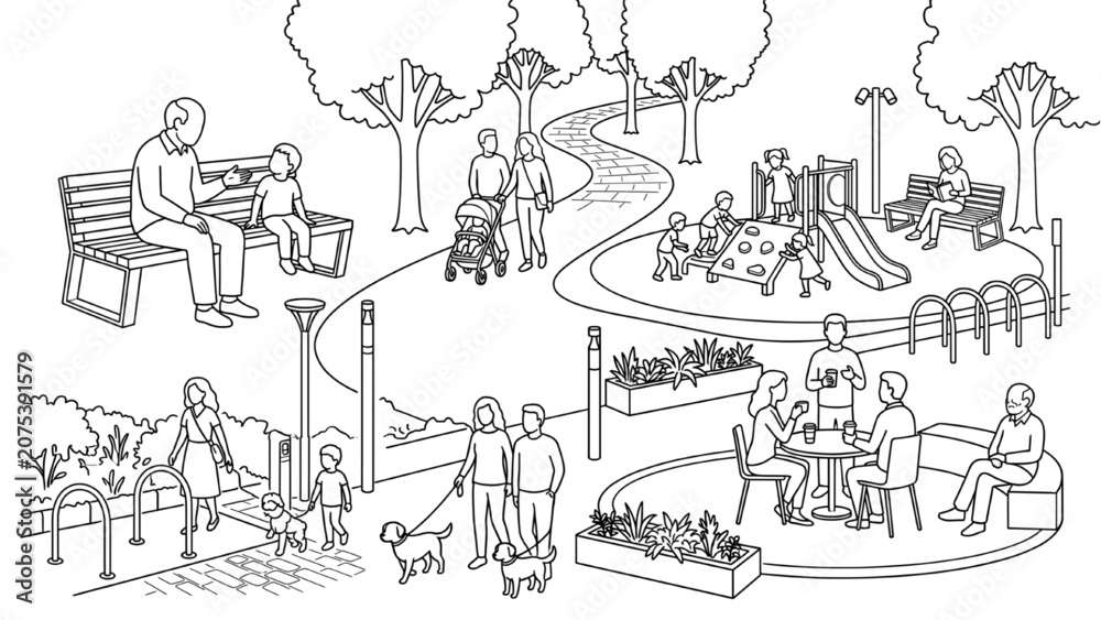 Obraz premium Architecture CAD Human-Centered Urban Design Concept Featuring Children Adults and Seniors Interacting in Public Spaces Clean Outline Vector Illustration