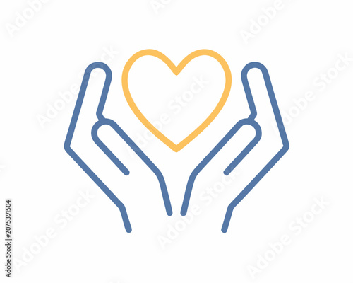 Hands cradling a heart line art icon on white background