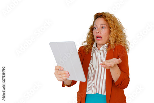 Bild auf Leinwand Business woman with ginger hair showing a surprised expression and open mouth, h