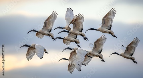 Flock of White Ibis Flying Together Across Cloudy Sunset Sky