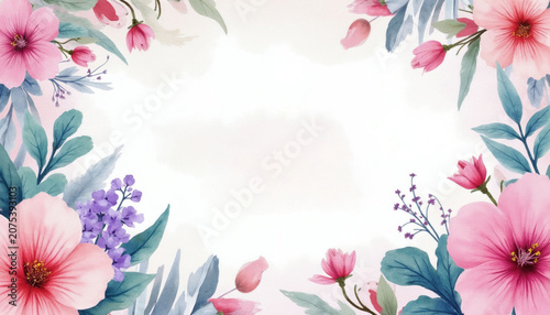Watercolor floral border with pink hibiscus, purple flowers, and green leaves. Pastel colors and soft style for spring or Mother Day greetings.