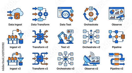 Data Science Icons: Ingest, Transform, Test, Orchestrate, Observe, Pipeline