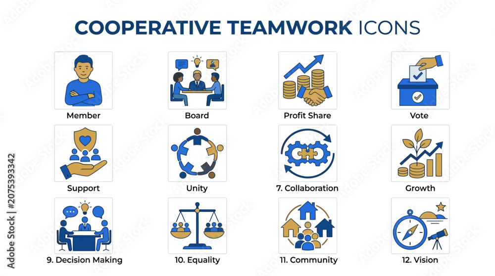 Fototapeta premium Cooperative Teamwork Icons: Collaboration, Growth, Unity, Community, Vision, Decision Making