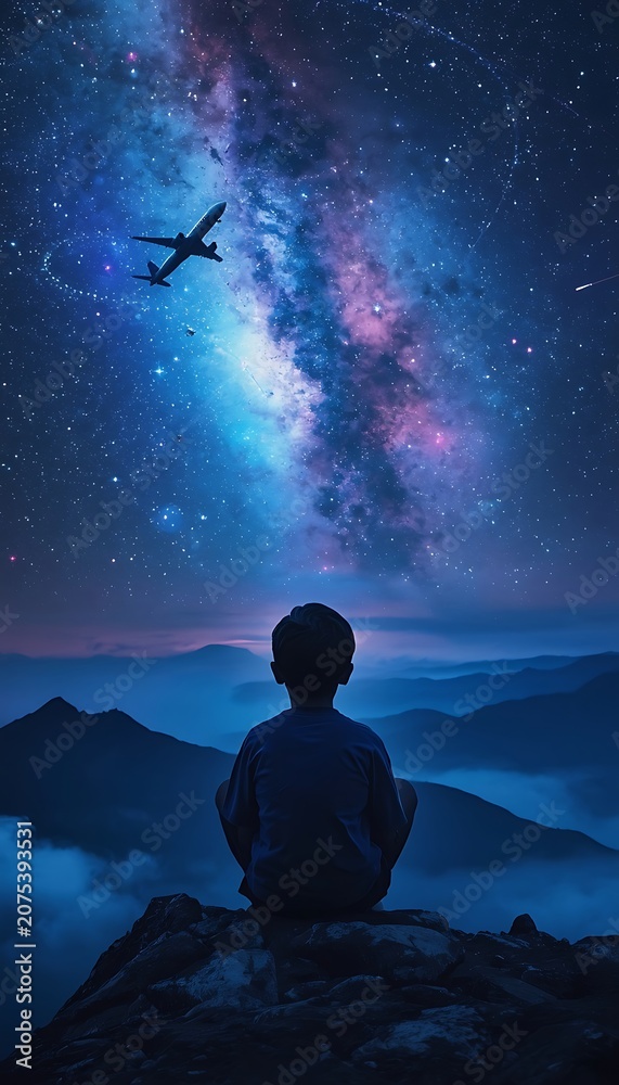 Fototapeta premium Young Boy Watching the Milky Way and an Airplane from a Peak