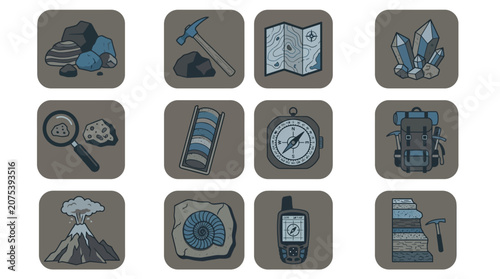 Geology Icons: Rocks, Fossils, Volcano, Tools, Map, Compass, Backpack, GPS